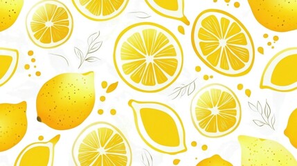Vibrant yellow lemon slices and whole fruits with green leaves forming seamless pattern against crisp white backdrop