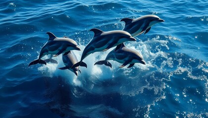 Fototapeta premium A pod of dolphins playfully leaping from the ocean's depths, creating a vibrant spectacle of aquatic grace and power.