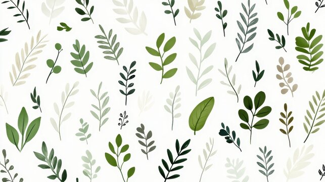 Green and beige leaves in various shapes and sizes form a seamless pattern, perfect for nature inspired designs, fabric prints, wallpapers, and website backgrounds