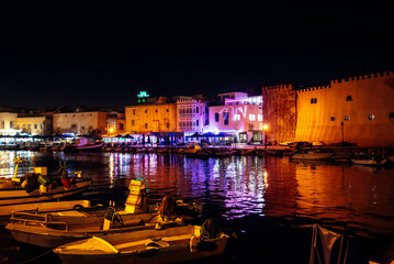 The old harbor of Bizerte city by night