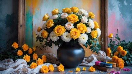 Still life featuring a large arrangement of autumn flowers and roses, along with a collection of paints and a wooden frame against a painting backdrop.