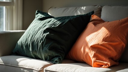 Pillows in black and orange colors propped against a sofa.