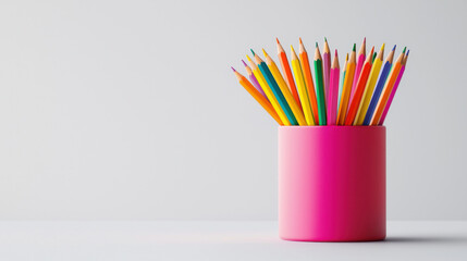Colorful pencils in a pink holder, perfect for creative projects and art activities. isolated on white background.