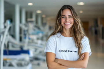 Fototapeta premium Smiling woman promoting medical tourism in hospital corridor