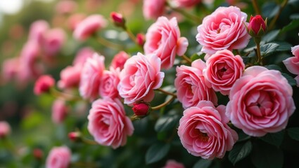 Obraz premium Rambling Rose's Pink Flowers Blooming in a Garden.
