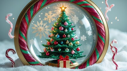 Beautiful Christmas tree snow globe isolated on white.