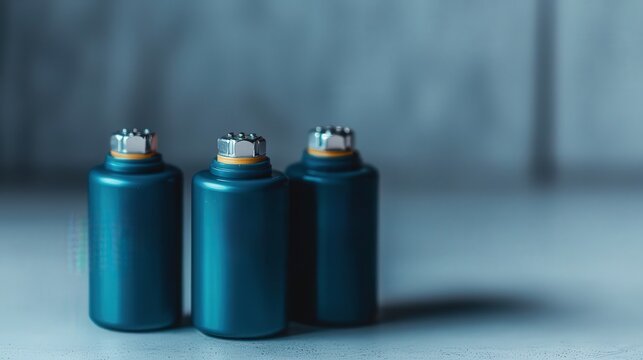 climate tech efficiency startup concept. Three teal-colored batteries on a smooth surface.