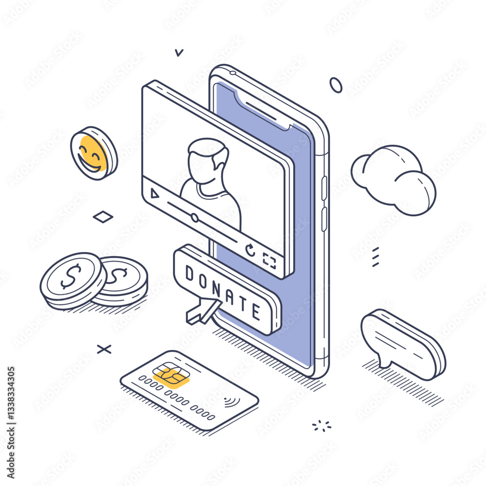 Poster isometric line art showcasing a smartphone with a donation interface. surrounding elements include c