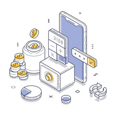 Concept of online banking with a mobile phone, savings jar, calculator, and coins. Various banking elements, emphasizing financial transactions and security. Modern isometric vector illustration