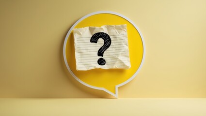 Question mark illustrated on a memo note. Against a yellow background featuring copy space.