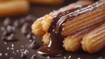 Exquisite Closeup of Golden Churro Generously Dipped in Rich Melted Chocolate Sauce