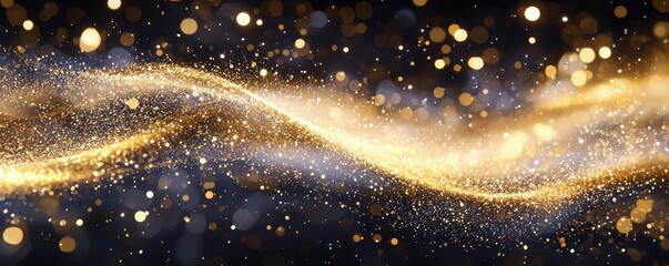 A shimmering wave of golden particles against a dark background, creating an enchanting and ethereal atmosphere.