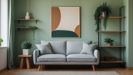 Stylish living room interior featuring a soft sofa and shelving unit against a colored wall.