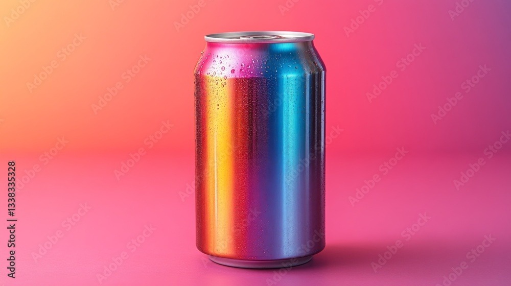 Poster A soda can designed with a striking gradient of colors stands upright on a surface. The background features lively pink and orange hues, enhancing the cans vibrant appearance.