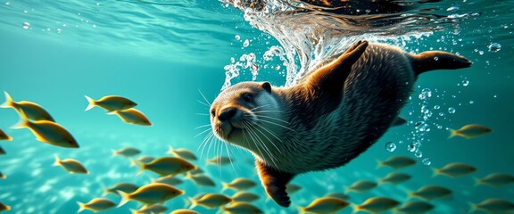 Obraz premium A playful otter gracefully swims underwater, surrounded by a vibrant school of fish, creating a captivating scene of aquatic wildlife