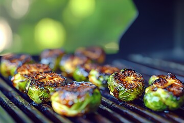 An enticing close-up of grilled brussel sprouts cooking on a barbeque, highlighting the healthy side of summer grilling and vegetable centric cuisine outdoors.