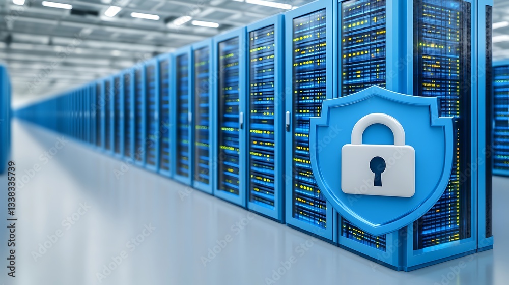 Poster data center security concept with servers and lock symbol representing cyber protection and data pri