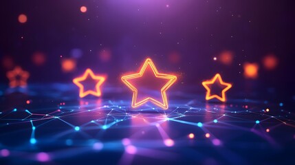 62. A futuristic customer rating platform with glowing stars representing feedback, live reviews and reputation scores