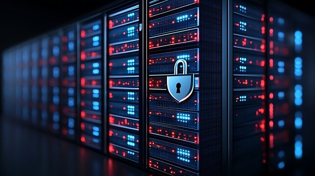 Data Center with Secure Servers and Lock Symbol Representing Cybersecurity and Data Protection Concepts