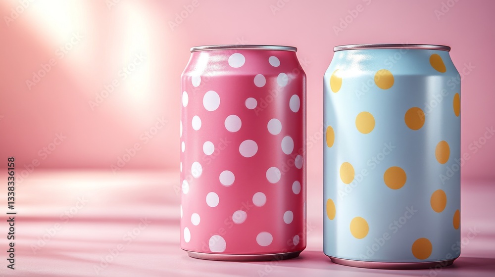 Poster two cans with polka dot designs rest on a smooth surface, showcasing a playful pink and blue color s