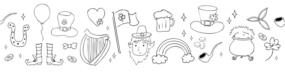 Saint Patrick Day elements decoration doodle border line traditional decorations. Rainbow, harp, coins and lucky clover. 