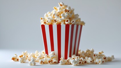 Popcorn in a striped container set against a white background.