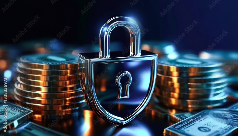 Aufkleber a shiny lock sits prominently on top of stacks of coins and scattered banknotes, representing the es