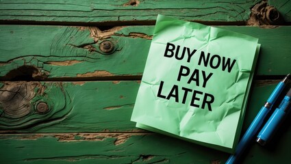 blank notepad displaying the text buy now pay later on a green wooden surface