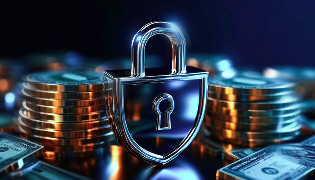 A shiny lock sits prominently on top of stacks of coins and scattered banknotes, representing the essential themes of security and privacy in financial transactions and banking.