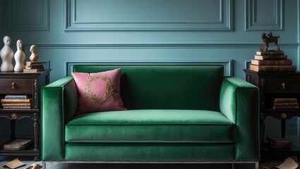 Stylish sofa accompanied by a cushion, books, and decorative elements on nesting tables within a room.