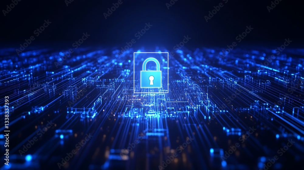 Poster digital concept of cyber security with lock symbol in futuristic data stream environment
