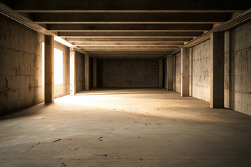 Spacious empty interior with concrete walls and beams, illuminated by natural light.