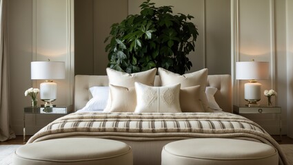 Stylish modern bedroom interior featuring a houseplant and a cozy bed.