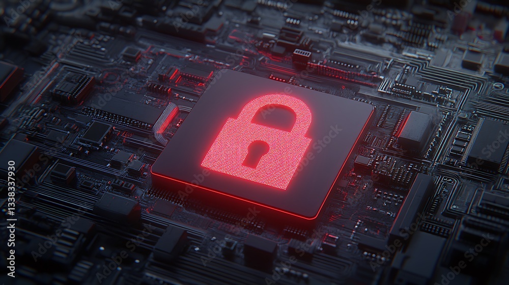 Poster digital cybersecurity lock symbol on circuit board background with glowing red light effect and tech