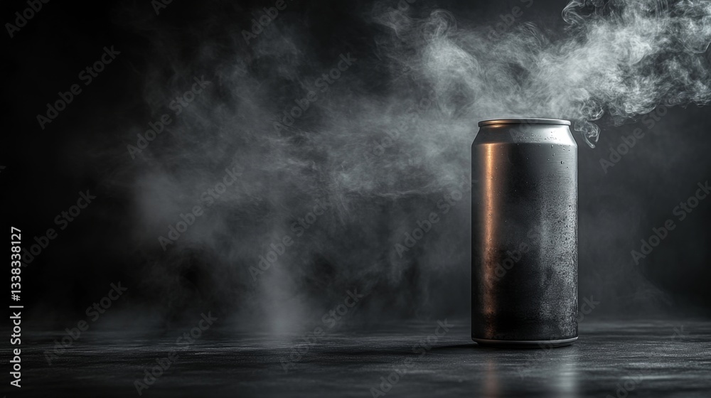 Leinwandbilder a metallic can stands alone in low light, surrounded by wisps of steam. the setting evokes a sense o