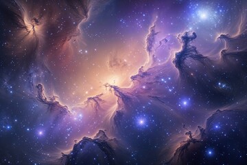 Naklejka premium Spellbinding Nebulae and Glimmering Hues in a Celestial Panorama of Sapphire, Peach, and Lilac Stars