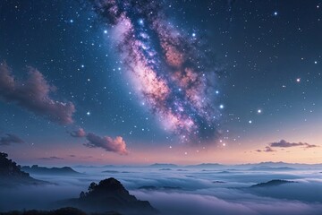 Naklejka premium Enchanted Milky Way Galaxy Over a Soothing Blue Haze with Celestial Stars and Abstract Nebula