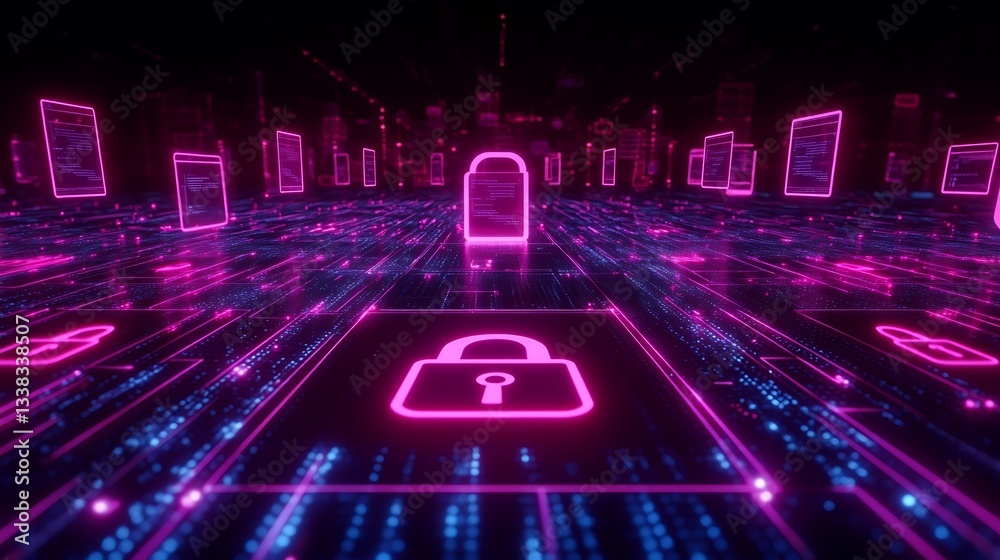 Poster digital data security concept with glowing neon locks and arrays of information in a futuristic envi