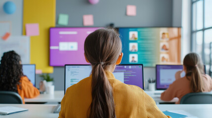 Students engaged in online learning using multiple computer screens in a modern classroom.