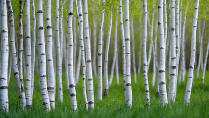 Obraz premium Spring scenery. Background of white birch tree trunks.