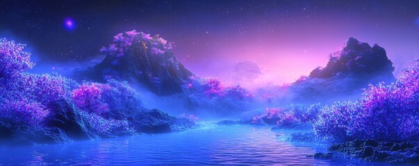 A serene landscape featuring vivid purple flora, tranquil waters, and mystical mountains under a twilight sky, creating an ethereal, dreamlike atmosphere.