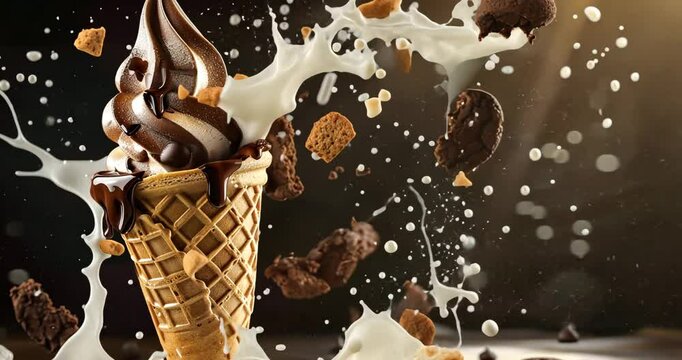 Delicious chocolate swirl ice cream cone with cookie pieces splashing in creamy goodness