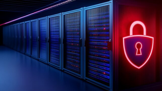 Digital Data Security Concept with Neon Lock Symbol in a Server Room Background for Technology Stock Images