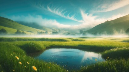 Sunny meadow with a lake.