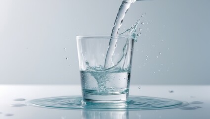 Pour fresh water into a glass against a natural backdrop, featuring a splash of water isolated on a white background.