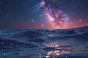 Fototapeta premium Starlit Ocean Scene: Celestial Depths and Luminous Galaxy Waves
