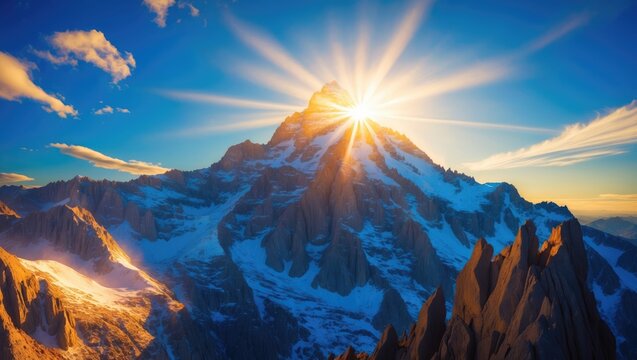 Sunrays illuminating mountain peaks at dawn.