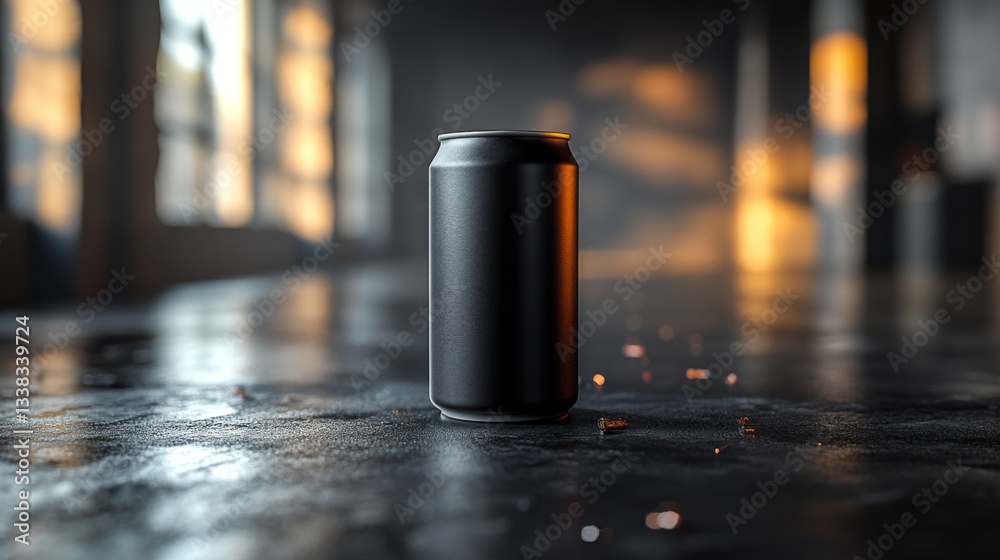 Poster A black beverage can stands upright on a shiny surface. Warm golden light filters through large windows, creating a cozy atmosphere in the spacious room.