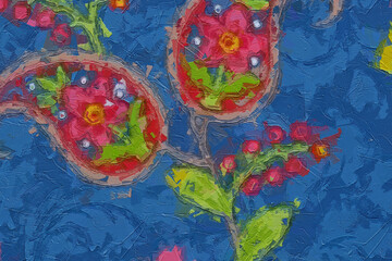 Various oil paintings, flowers, roses, peonies, phoenixes, paisley, and beautiful fish