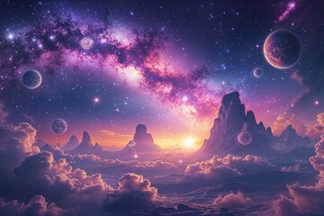 Fototapeta premium Vibrant Celestial Exploration in a Dreamy Cosmic Horizon